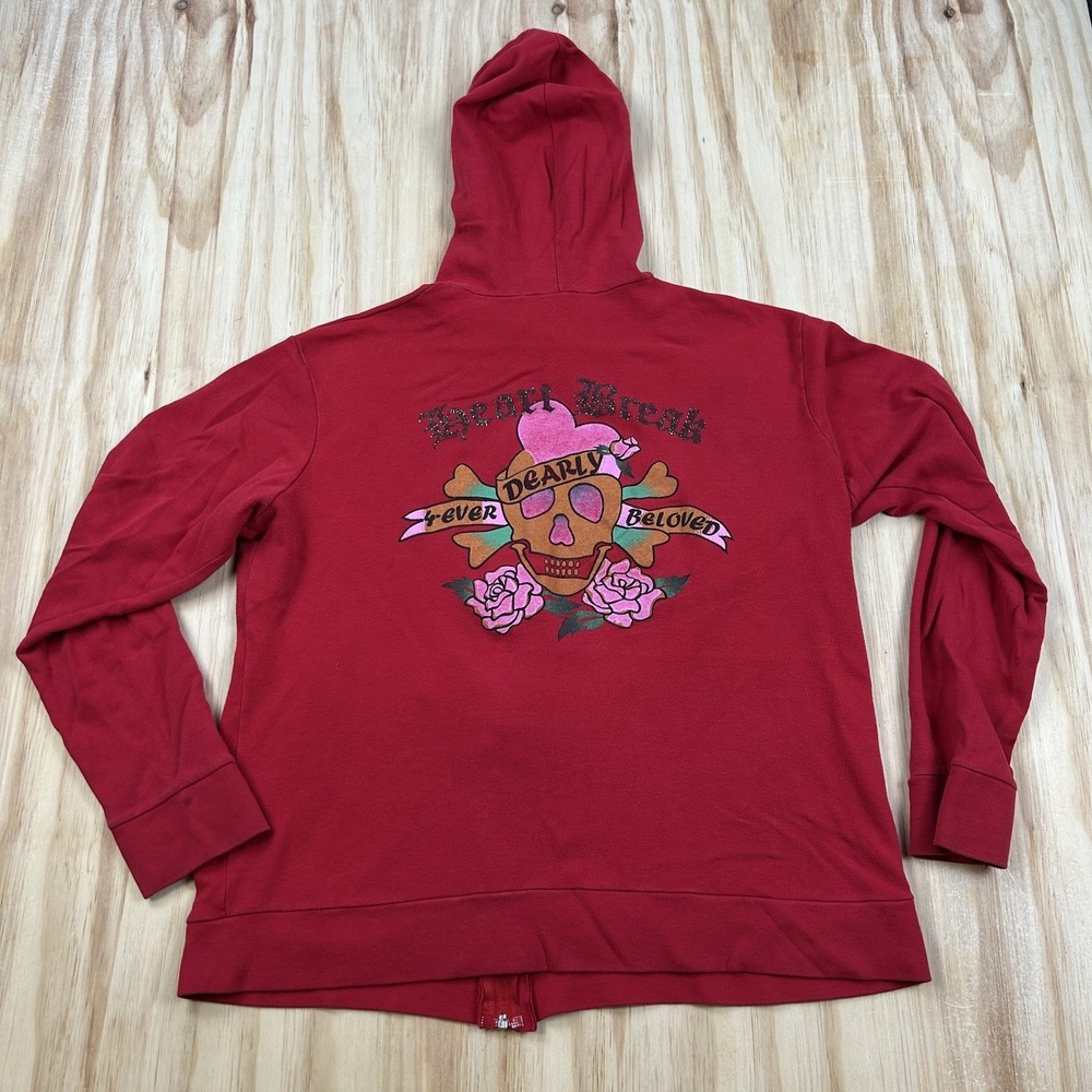 Vintage Ed Hardy Women's Full Zip Hoodie Jacket Red Fits XL Y2K Graphic